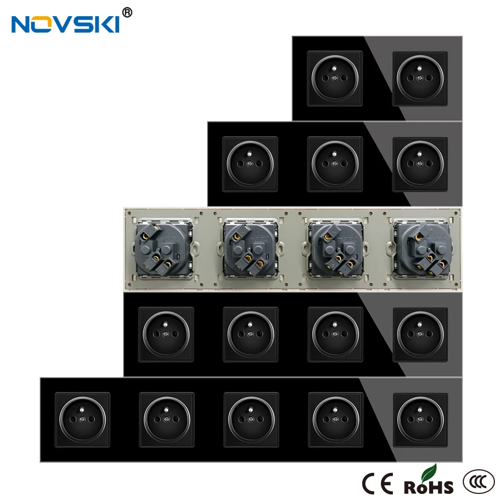 EU French Wall Crystal Glass Black Panel Power Socket Triple Plug Grounded, 16A Quintuple Electrical Socket, 15 Years Warranty