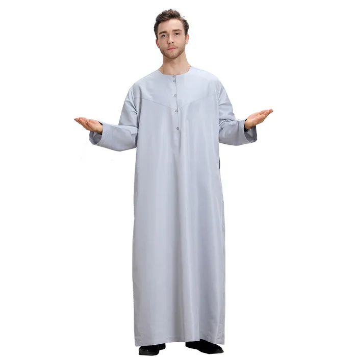 Gray Jubba Thobe Мусульманское мужское платье Кафтан Дубай мусульман с длинными рукавами белый Jubba Thobes исламские халаты летняя Исламская одежда для мужчин - Цвет: Gray Jubba Thobe