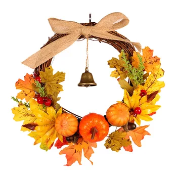 

Autumn Leaf Pumpkin Wreath with Bell Thanksgiving Halloween Front Door Home Decor 66CY