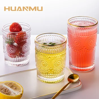

380/280ML Wine Glass Embossed Sunflower Fruit Juice Drink Cup Clear Glass Tea Coffee Drinkware Heat-Resistant Breakfast Cup