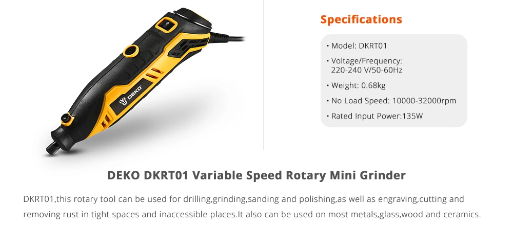 DEKO DKRT01 220 в мини-шлифовальная машина с переменной скоростью, электрический шлифовальный инструмент для полировки, сверления, роторный инструмент с аксессуарами