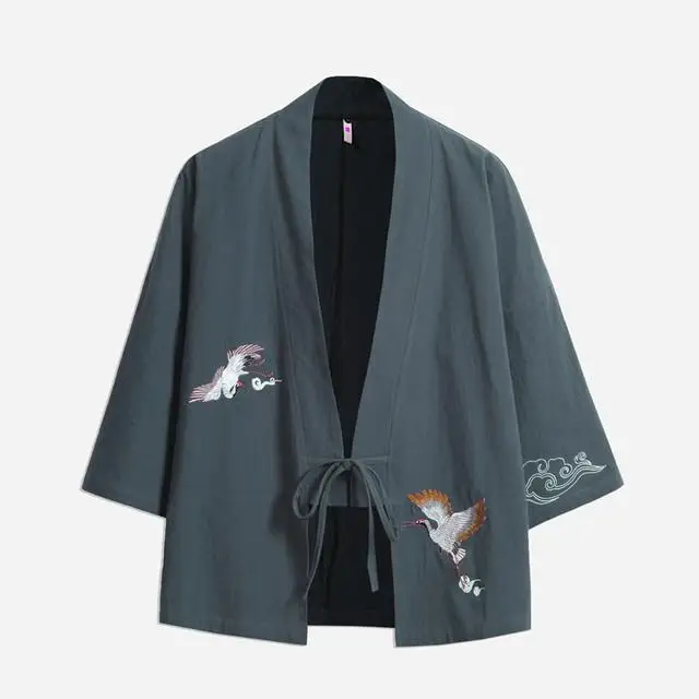 Японский стиль для мужчин Yukata пальто Винтаж лен хлопок сплошной цвет вышивка платье Весна Китайская традиционная свободные кимоно пальто - Цвет: StyleA 4