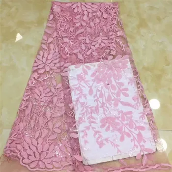 

African Stones Lace Fabric pink High Quality sequins Lace French Net Embroidery Tulle Lace Fabrics For Nigerian Party Dress