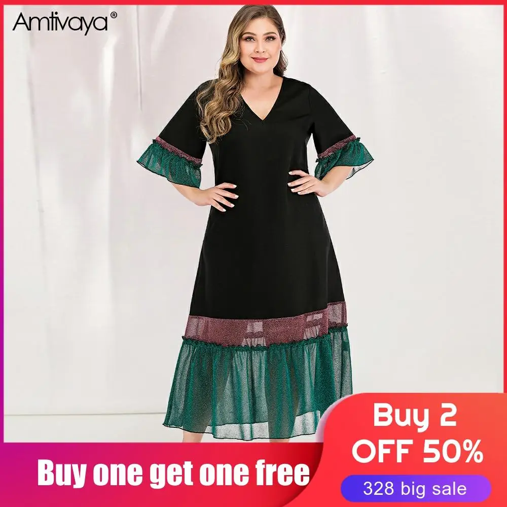 

Amtivaya Summer Dresses 2020 New Fashion Shining Mesh See Through Patchwork V Neck Ruffles Half Sleeve Plus Size Midi Dress New