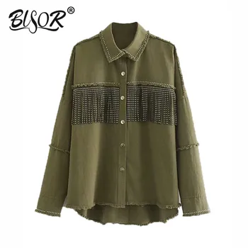 

Vintage Stylish Fringe Beaded Loose army green Denim Jacket Coat Women Long Sleeve Frayed Trim Ladies Outerwear Chaqueta Mujer