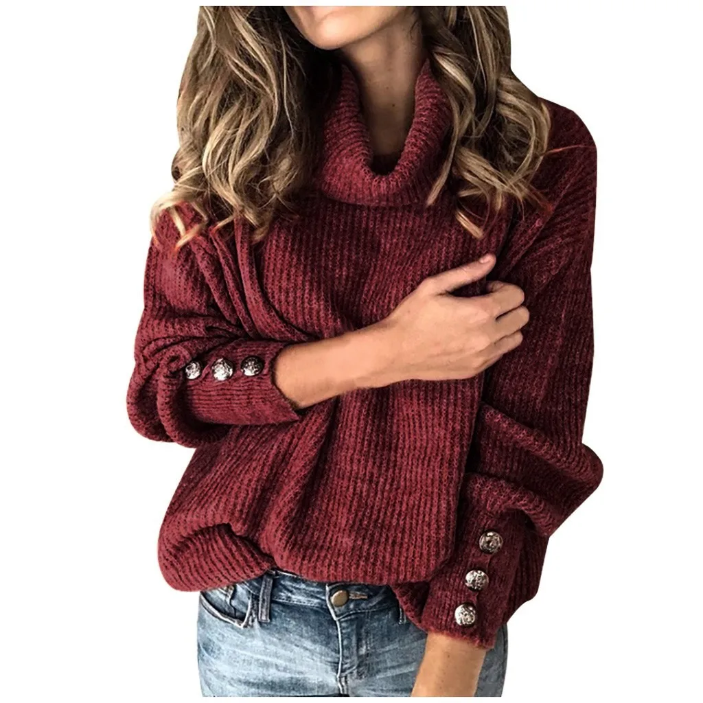 Повседневный теплый вязаный свитер с воротником под горло на осень и зиму, пуловер с длинными рукавами, топы, элегантные женские джемперы с заклепками и пуговицами, для женщин, 5XL