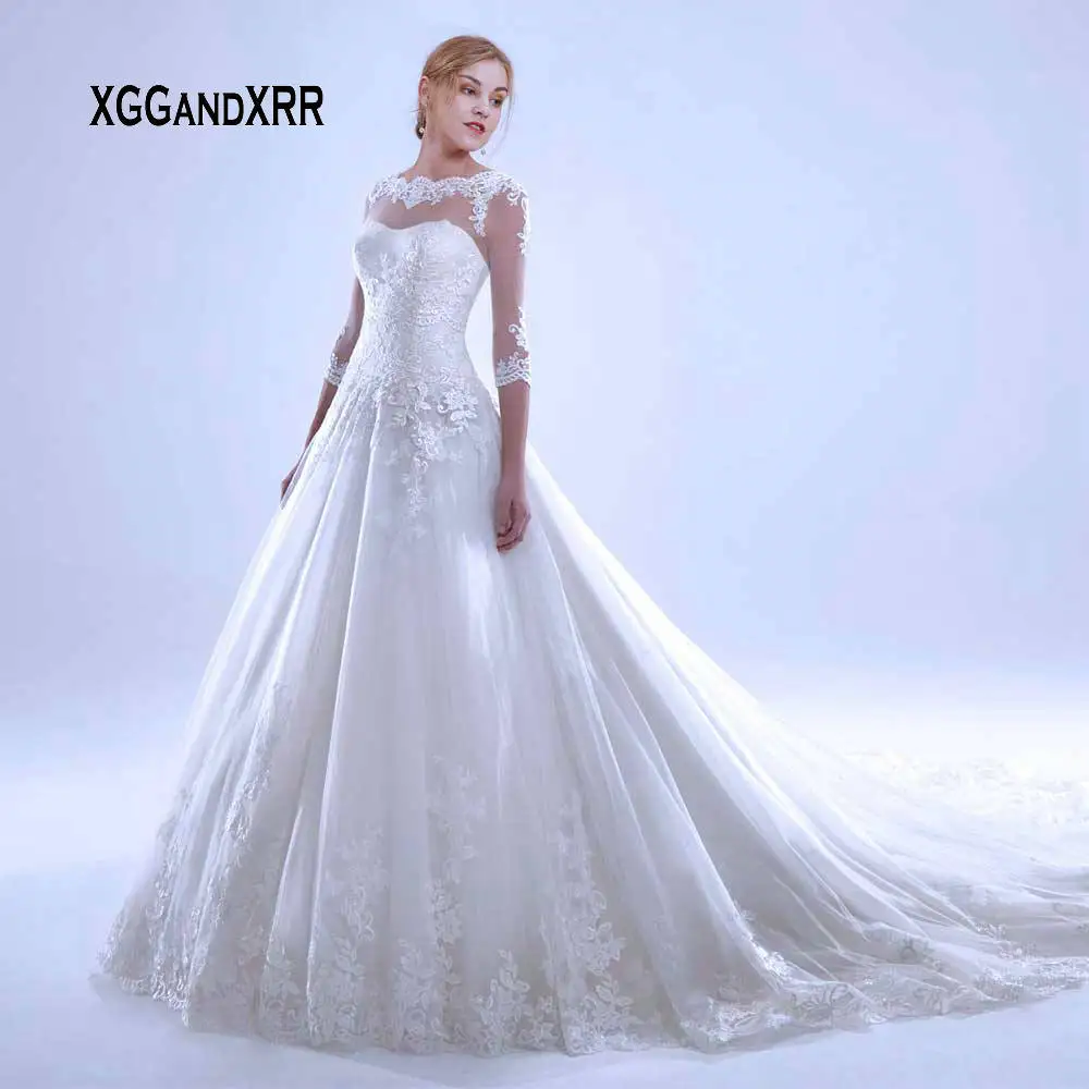 

New Arrival Scoop A Line Wedding Dress with Sleeves Lace Applique Chapel Train 2019 Bridal Gown Plus Size Custom Made