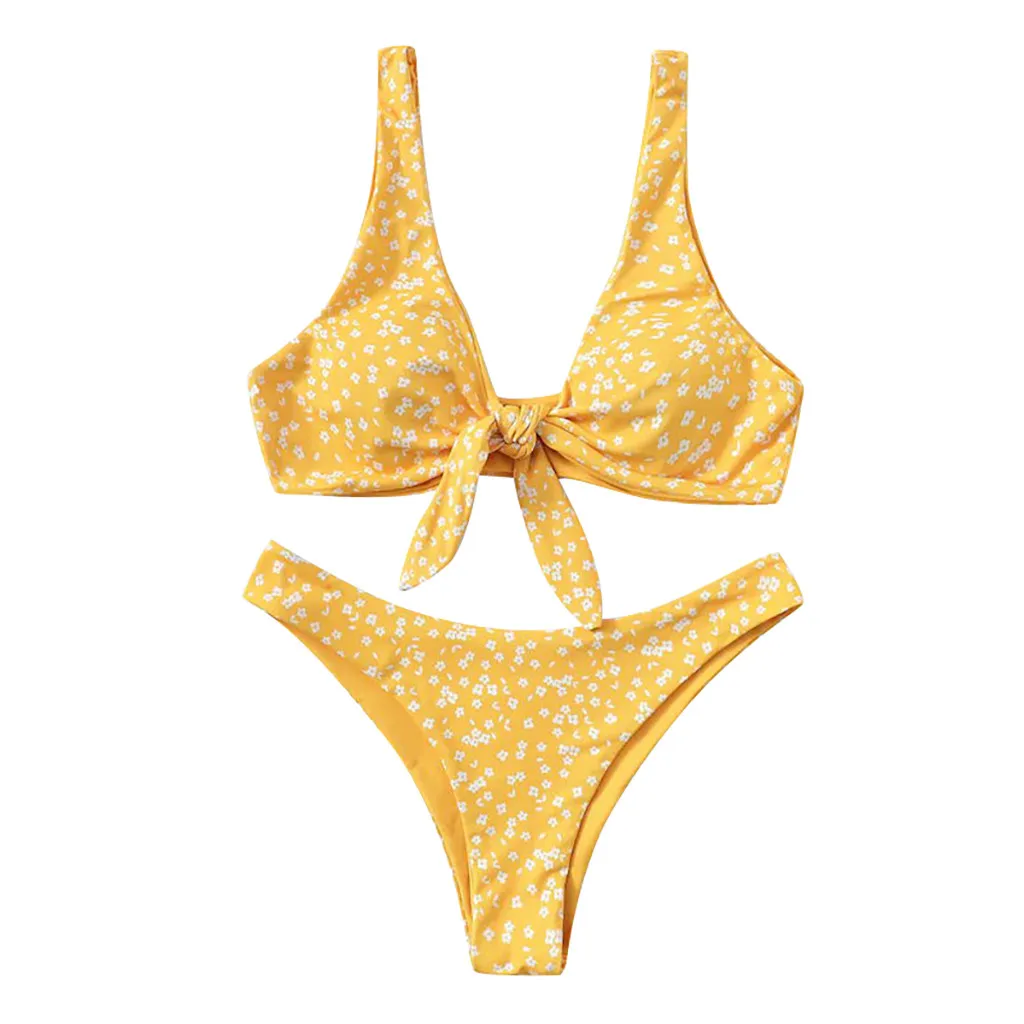 JAYCOSIN strap bow women swimwear small floral print fresh solid sweet sexy bathing bikini beachwear low waist gathered swimsuit
