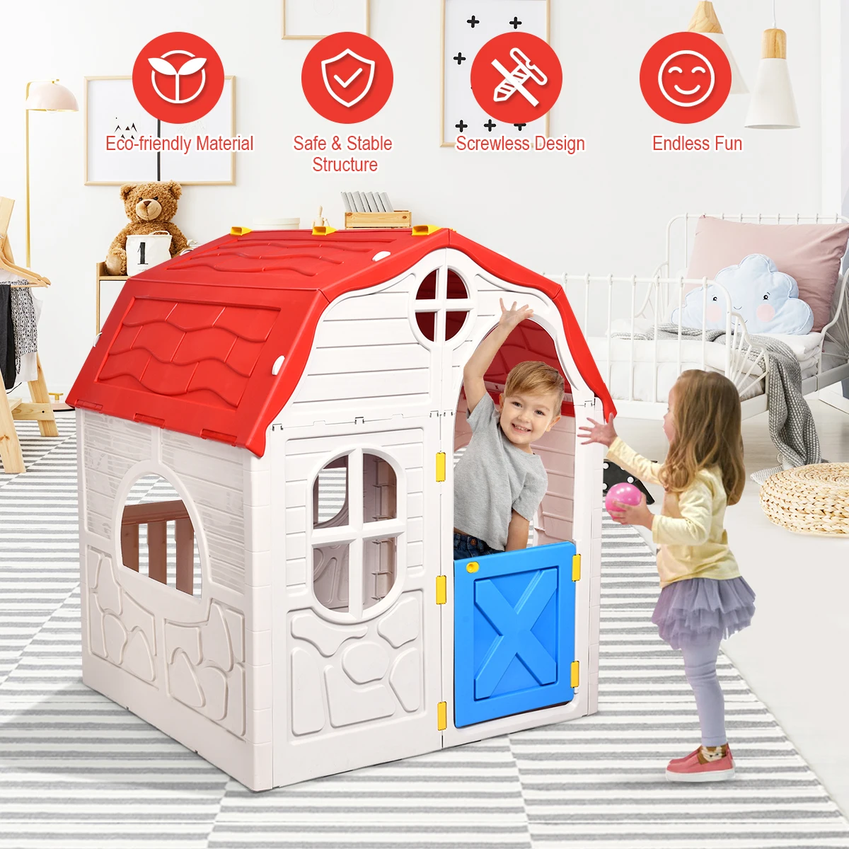 Costway Kids Cottage Playhouse Foldable Plastic Play House Indoor Outdoor Toy Portable images - 6