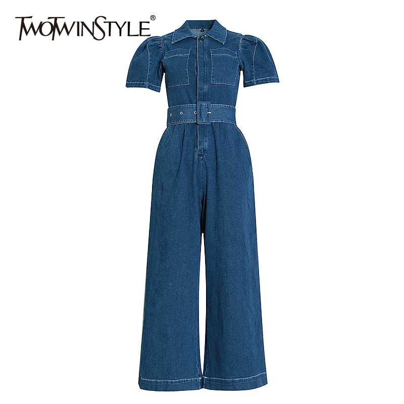 TWOTWINSTYLE Causal Rompers Womens Jumpsuit Lapel Collar Short Sleeve High Waist Lace Up Wide Leg Jumpsuits For Female Fashion TWOTWINSTYLE Causal Rompers Womens Jumpsuit Lapel Collar Short Sleeve High Waist Lace Up Wide Leg Jumpsuits For Female Fashion