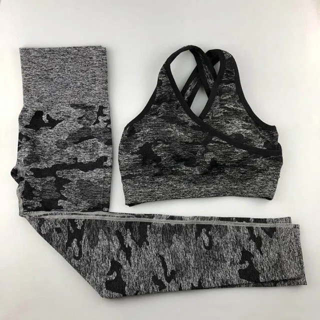 Black 2 Pcs Set Камуфляжный бесшовный спортивный костюм, женская спортивная одежда, одежда для спортзала, фитнес-Топ с длинным рукавом, спортивный бюстгальтер, Леггинсы для йоги, комплект из 3 предметов для йоги - Цвет: Black 2 Pcs Set