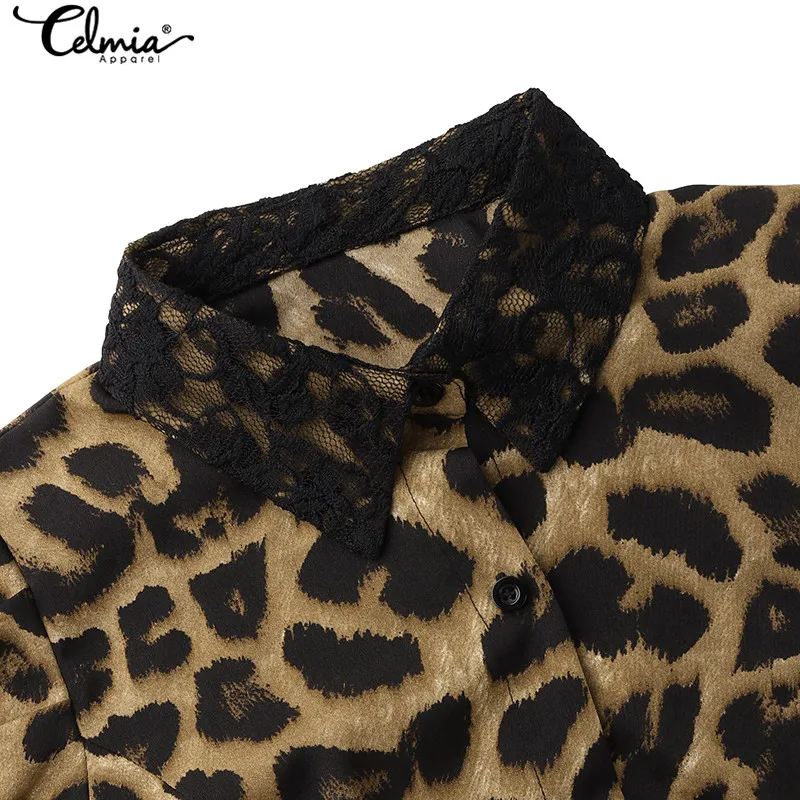  Celmia Stylish Tops Women Sexy Leopard Print Blouse Autumn Long Sleeve Elegant Office Shirts Asymme