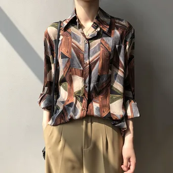 

Women Casual Blouse Retro Geometric Print Chiffon Shirt Female Design Niche Long Sleeve Single-Breasted Shirt Streetwear Tops
