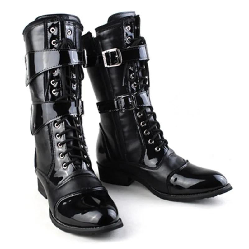 

Size 38-45 Spring Autumn Black Punk Men Mid-Calf Leather Boots Lace Up Rome Motorcycle Boots Thick Sole Buckle Cowboy Long Botas