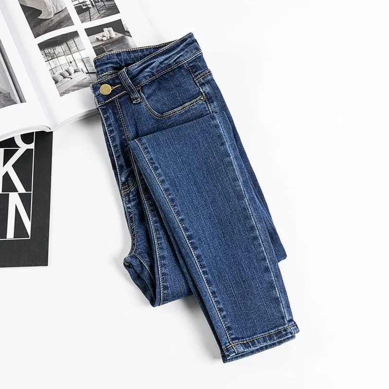 

2019 Korean version of high waist jeans students high waist jean femme trousers large size stretch tight skinny feet jeans woman
