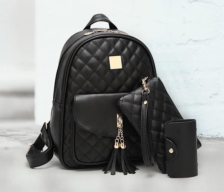 Новинка, женские черные рюкзаки из искусственной кожи, комплект из 3 предметов, рюкзак на двойной молнии, сумка для колледжа, молодежная сумка в консервативном стиле с кисточками, сумочка