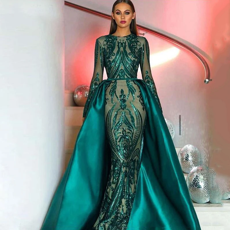 

Eightree Elegant Prom Dress Muslim Green Long Sleeves Evening Dresses Detachable Train Sequin Moroccan Kaftan Formal Party Gown