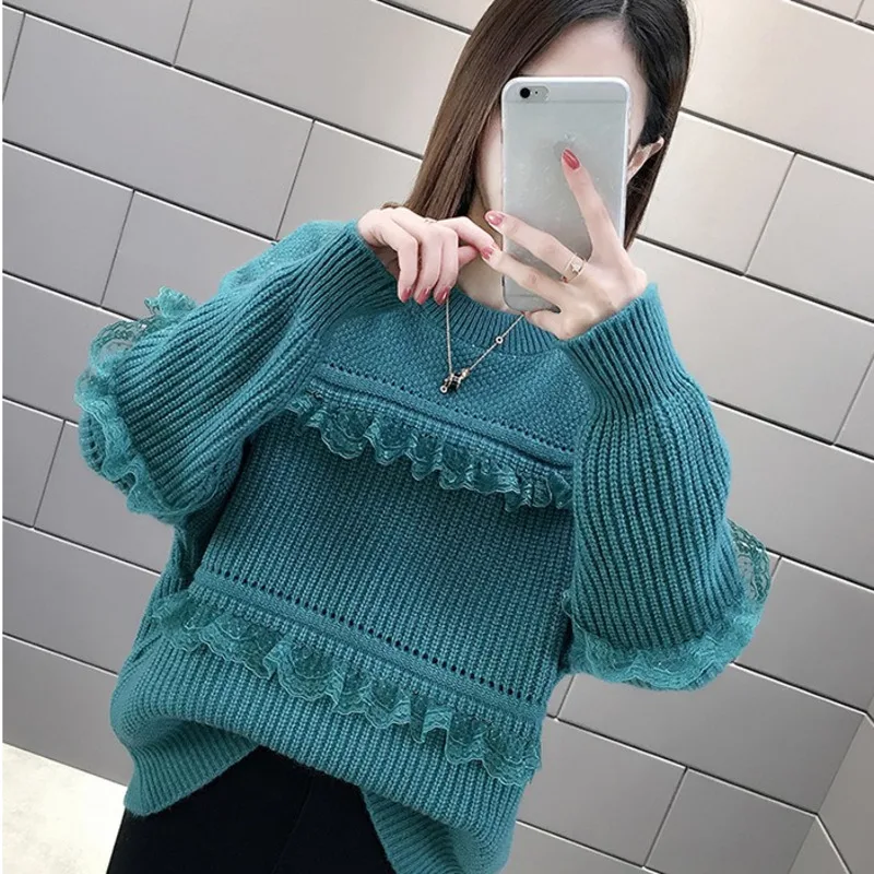 

2023 Autumn Winter New Women's Sweater Korean Loose Round Neck Knitted Pullover Tops Fashion Lace Edge Long Sleeve Jumper Women