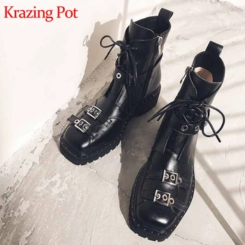 

krazing pot cow leather square toe lace up punk rock balck color metal buckle design med heel brand winter shoes ankle boots l41
