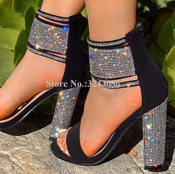 

New Design Chunky Heel Crystal Sandals Women Fashion Black Suede Ankle Strap Wedding Sandals Shoes Women Popular Party High Heel
