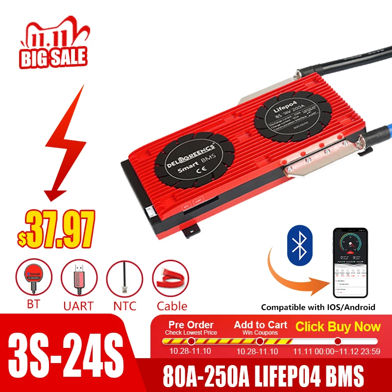Smart BMS LiFePO4 3S 4S 6S 7S 8S 10S 12S 13S 14S 15S 16S 17S 20S 24S 3.2V Bluetooth APP Uart Cable For Lithium Battery | Электроника