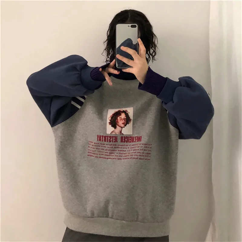 

Women's Hoodies Turtleneck Thicker Plus Velvet Warm Harajuku Printed Pullovers Female Oversize Patchwork Chic Sweatshirt