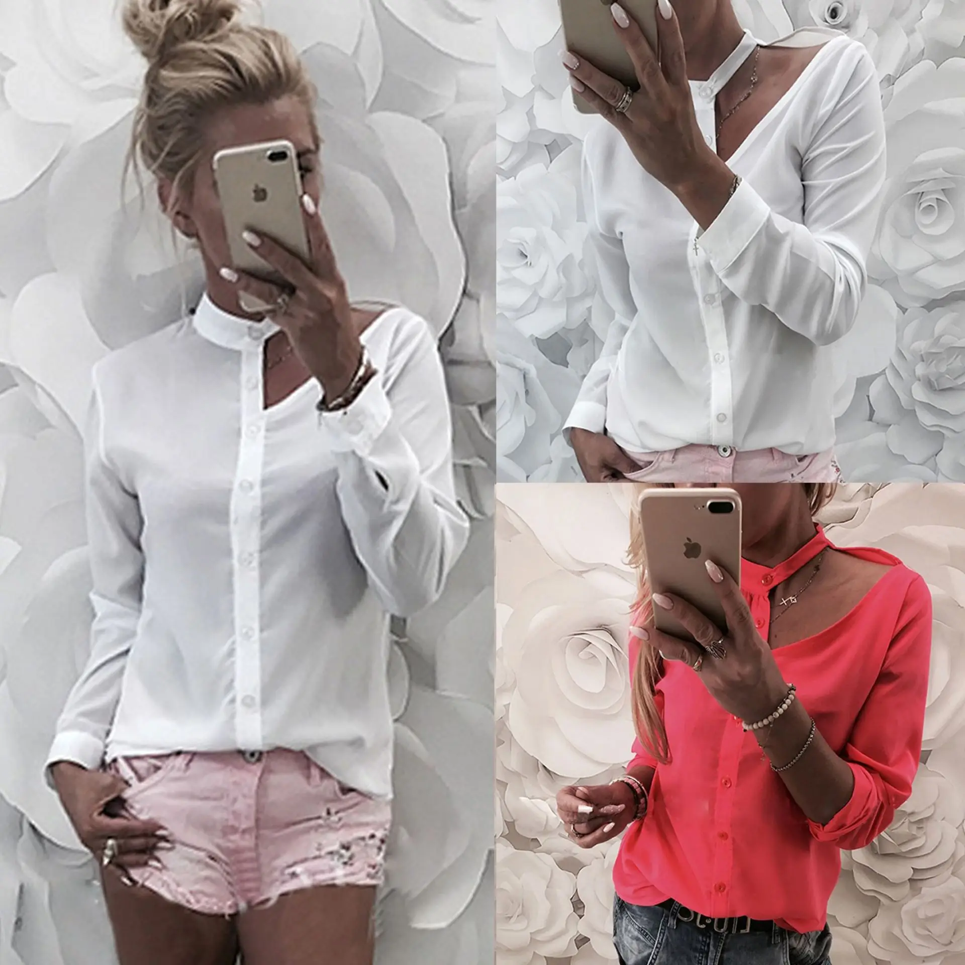 

2019 Sexy Party Club Cloth Hollow Out Long Sleeve White Red Women Loose Tees Ladies T-shirt+Neck Band Women Shirt