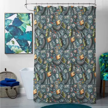 

Shower Curtains Beach Themed Explore,Cartoon Traveling Pattern with Coins Credit Cards Compass and Roads Doodle Design,