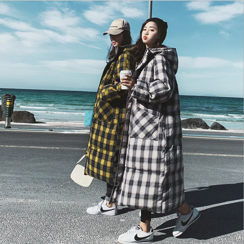 Настоящая фотография основной толчок Dongdaemun X2 хлопковая одежда женская средней длины зимняя Корейская свободная Толстая стеганая куртка клетчатое хлопковое пальто