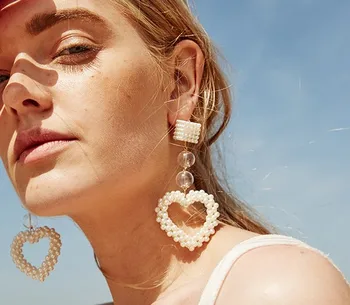 

trendy handmade heart shape pearl long drop earring for women party jewelry