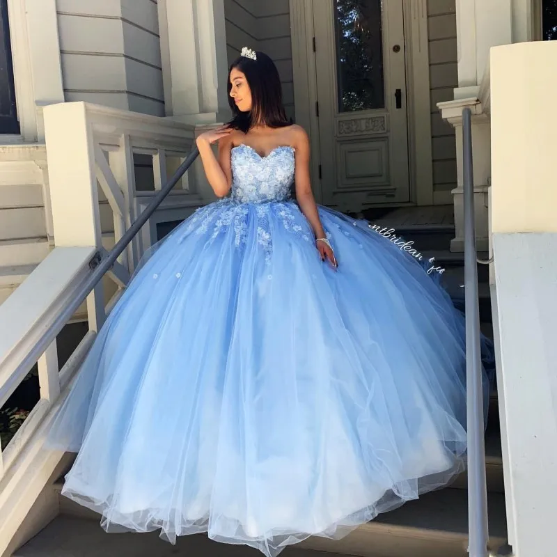 Vestido de noche de quinceañera azul cielo, 15 años, cuentas de corazón,  flores hechas a mano, tul, 16|Vestidos de quinceañera| - AliExpress