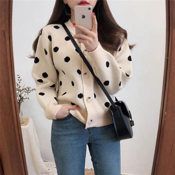 

Women Dot Knitted Cardigan O-neck Loose Slim Core Yarn Cardigan Sweater Temperament Casual Autumn Sweater Coat Female Ru338