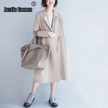 

Loose Long Drawstring Open Front Black Women's Coat Autumn Outerwear Spring Trench Coat Korean Style Women Long Trench Coat