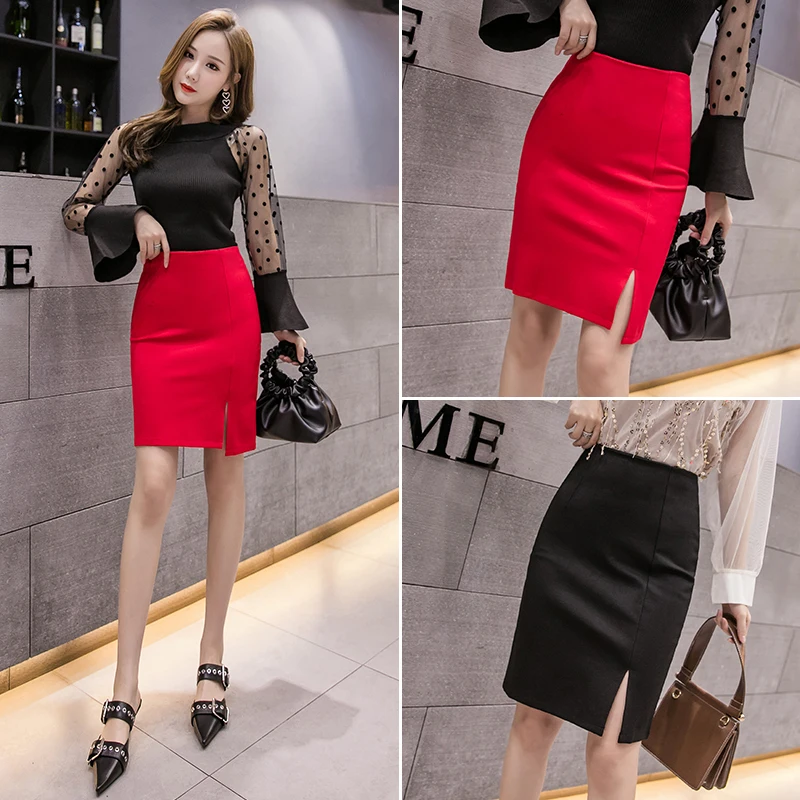 Elegant Women's Pencil Skirt New Fashion Korean OL Style Red Black Mini ...