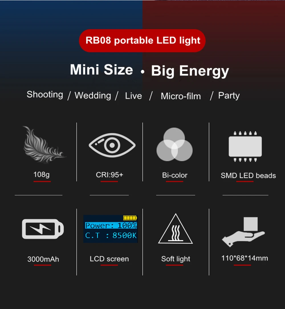 Viltrox RB08 двухцветный 2500 K-8500 K мини видео светодиодный светильник портативный заполняющий светильник встроенный Аккумулятор для камеры телефона YouTube live