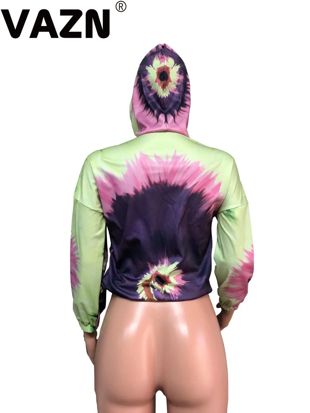 VAZN QZX6089 Top Quality Hood Design Top Women Letter Zip Fly Long Sleeve Short Slim T-Shirts Sexy Lady Hollow Out T-Shirts