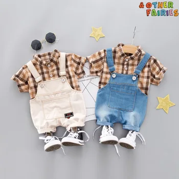 

Summer new short-sleeved plaid shirt denim overalls two-piece suit baby boy's clothes plaid print casual fashion baby suit