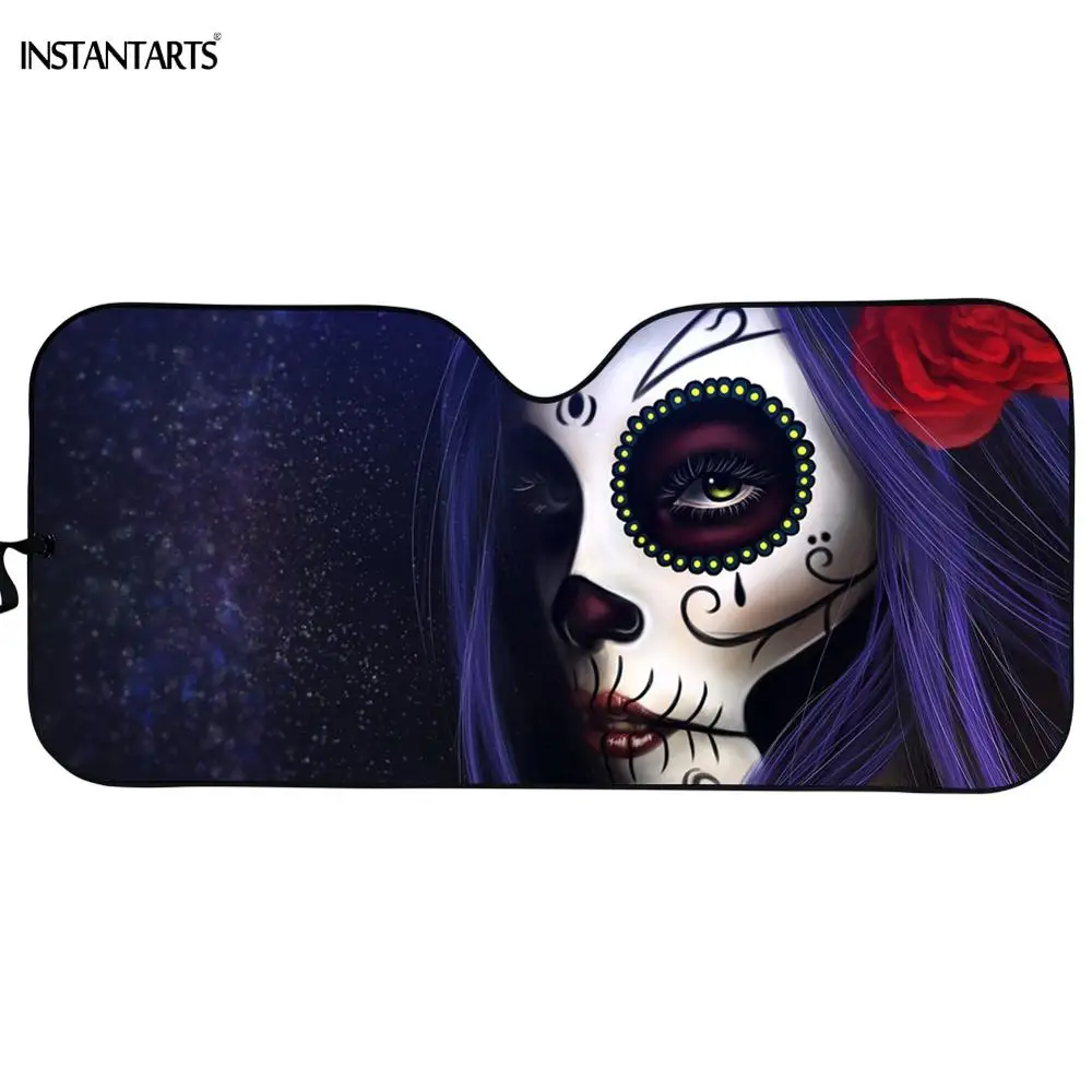 INSTANTARTS Day of the Dead Sugar Skull Gothic Girl Floral Print Auto Sunshade Summer Front Car Window Protector Sun Shade Cover |