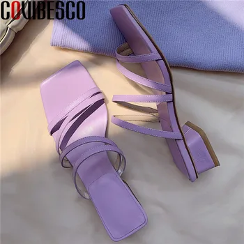 

COVIBESCO Women Genuine Leather Fashion Slippers Party Shoes Shallow Square Toe Thick Heel Sandals Summer High Heels Shoes Woman