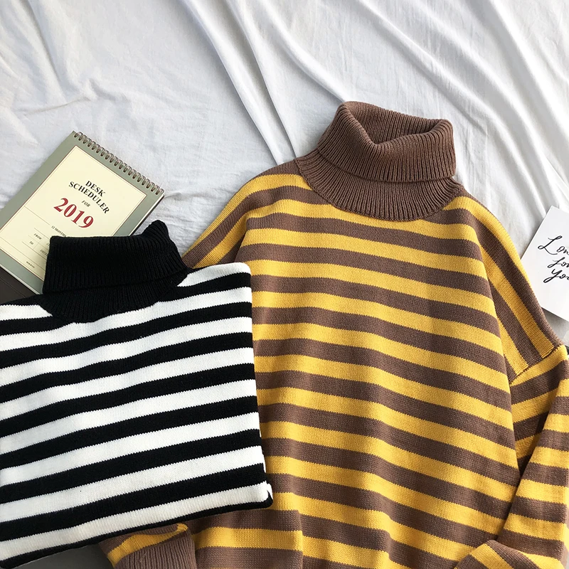 UYUK2109 Autumn And Winter New Casual Loose Fashion Trend Quality High Collar Striped Knit Men's Sweater Clothes Hombre