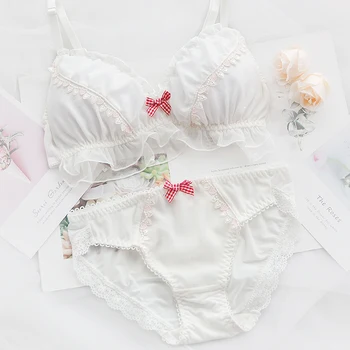 

Japanese Small Fresh Peach Pink Comfortable Bra & Panty Set Lovely Young Girl Sexy Sweet Bow Ruffles Underwear Suit Female