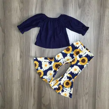 

baby Girl clothes girls sunflower outfits dark blue top bell bottom pants girls boutique clothes