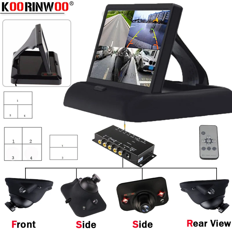 

Монитор Koorinwoo автомобильный с CCD 360, круглым дистанционным управлением, для 4 камер, 4 канала, левый и правый, камера заднего вида, боковая