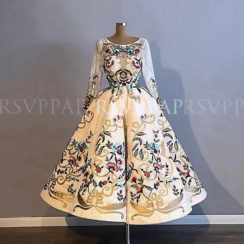 Same as pic Элегантное Пышное Бальное Платье широкий длинный рукав вечерние кружевные платья вышивка Дубай женское арабское короткое вечернее платье - Цвет: Same as pic