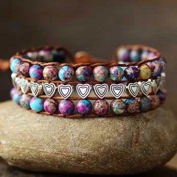 Unique Beaded Wrap Bracelets Natural Stones Heart Beads Cuff Bangle Bracelet Bohemian Vegan Jewelry Dropshipping
