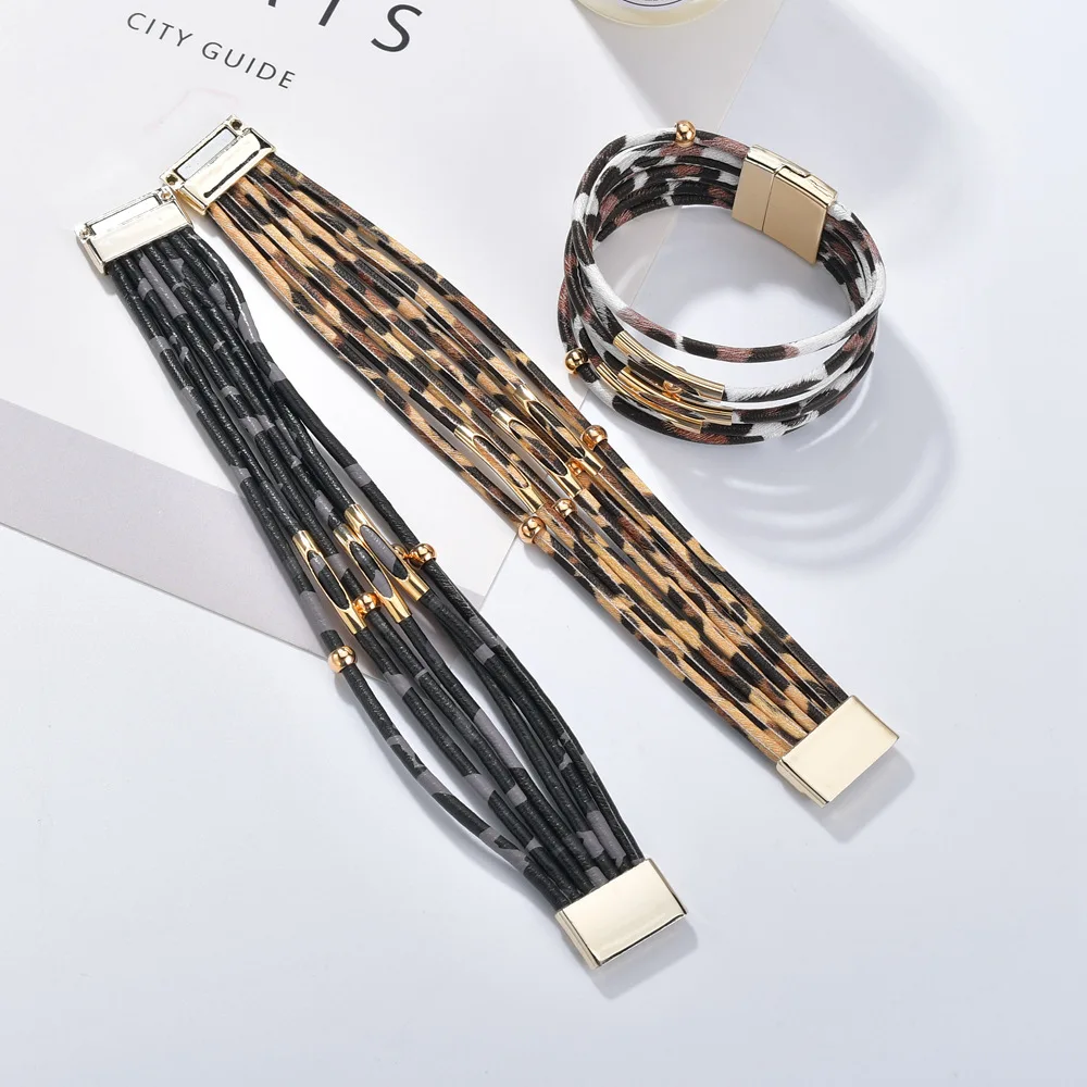 

2019 Leopard Skin Bangles Animal Beads Alloy Bangles For Women Fashion Magnet Multiple Rope Chains Jewelry Korean Bracelet