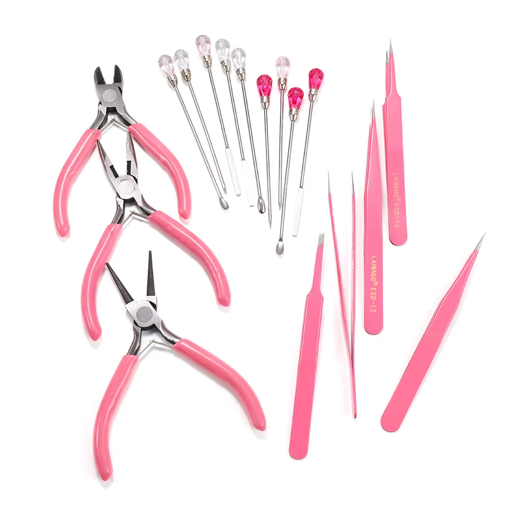 

6Style Pink Jewelry Making Tool Kits Round Nose Plier Side Tweezers Mix Needle Spoon Tool for DIY Jewelry Making Needlework Tool