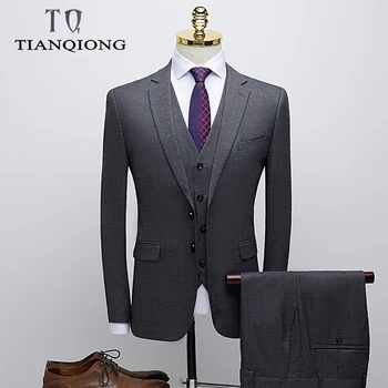 

TIAN QIONG Wedding Suit for Men Slim Fit Gentlemen Costume Homme Mariage Gary Striped Plaid Designer Mens Formal Business Suits