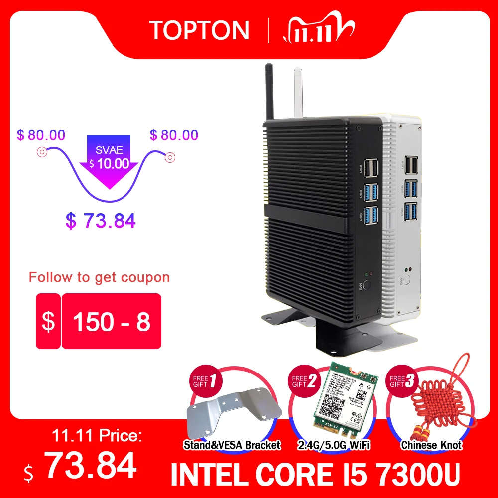 Мини ПК без вентилятора настольный компьютер Nuc Intel i7 i5 7200U i3 7100U DDR3L Windows 10 Linux 4K HTPC