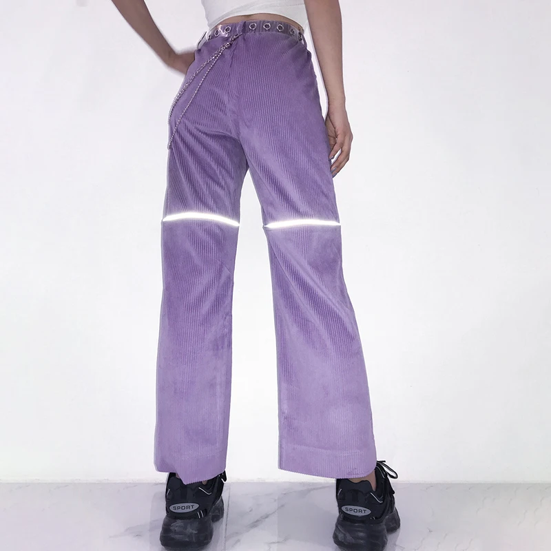 Weekeep/светоотражающие лоскутные брюки с металлической цепочкой; женские фиолетовые прямые брюки с высокой талией; повседневные брюки с эластичной резинкой на талии; Pantalon Femme